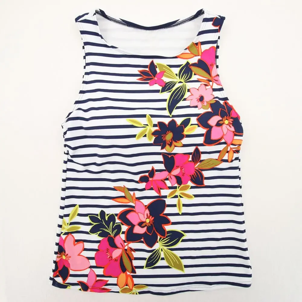 Lands End Tankini Top White Navy Striped Floral Print Round Neck Sleeveless 6 - Picture 1 of 9